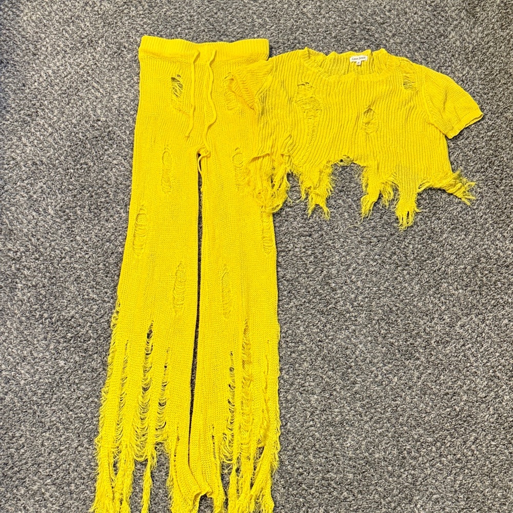 Distressed Knit Two-Piece Set in Bright Yellow